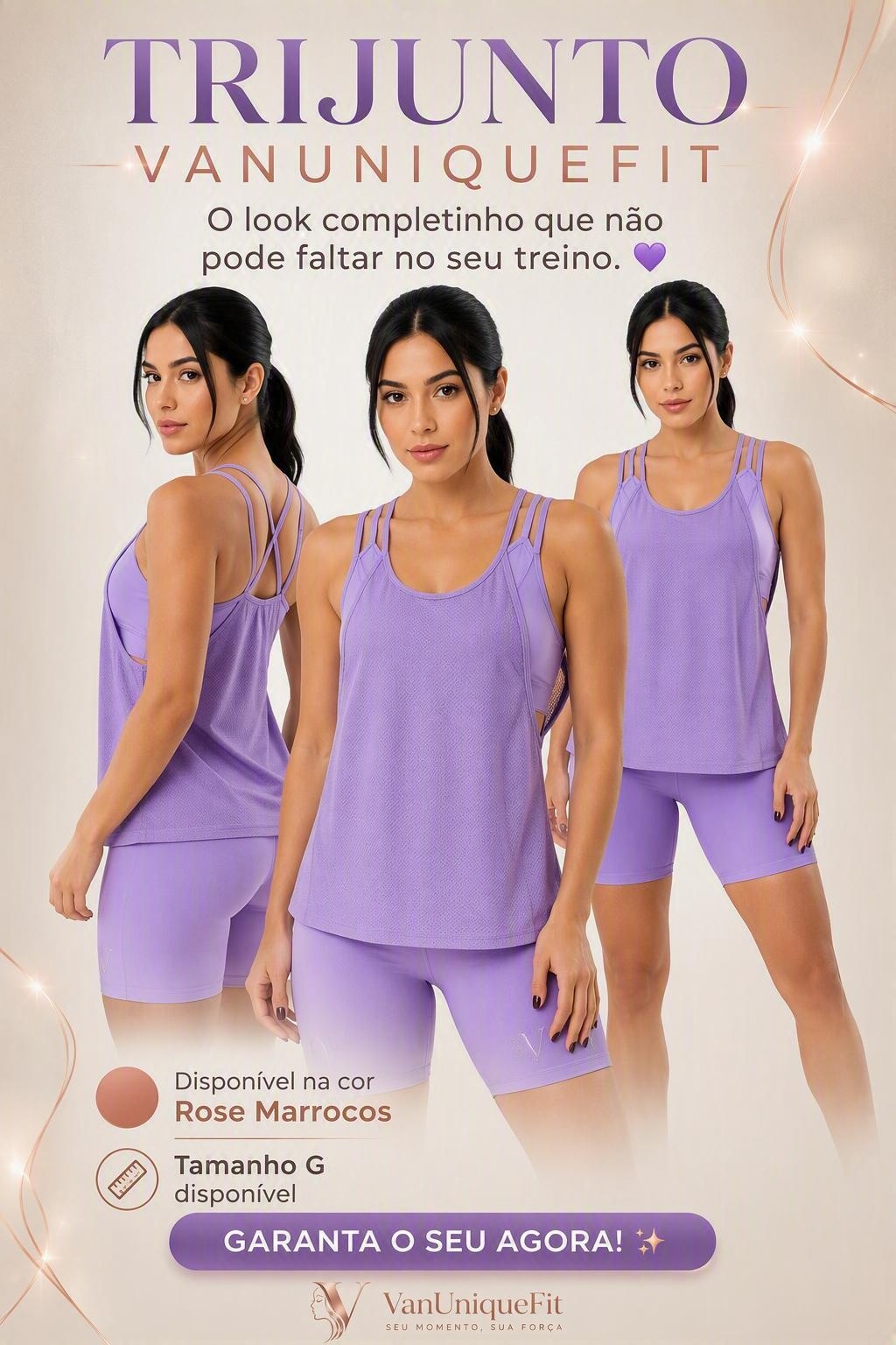 Trijunto Fitness Regata Dry Fit com Top Embutido + Short Suplex Gramatura 300 Zero Transparência VanUnique modelo veste M