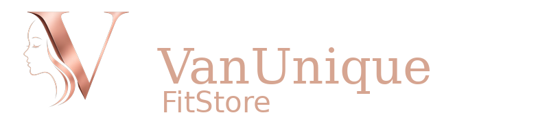 Logótipo da VanUnique FitStore em tom rosa dourado com o símbolo V e perfil feminino.