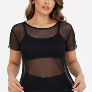 Blusa feminina de tule transparente para academia, leve e respirável, estilo sobreposição para treino.