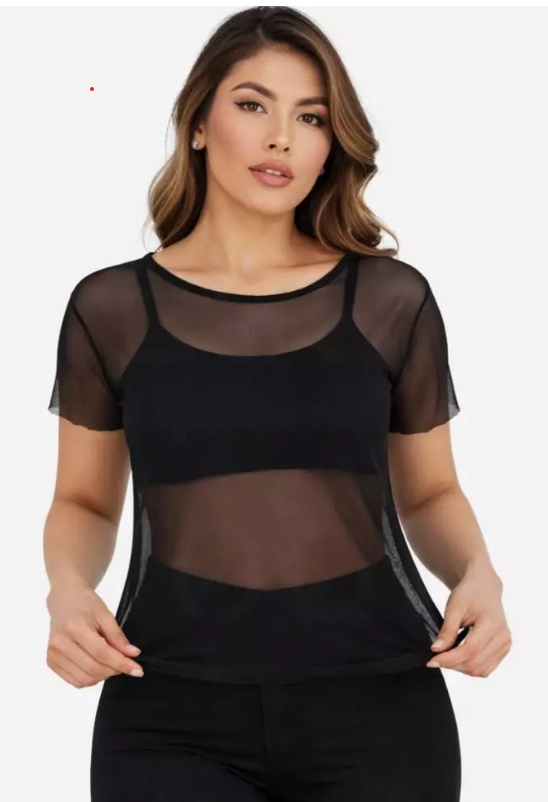 Blusa feminina de tule transparente para academia, leve e respirável, estilo sobreposição para treino.