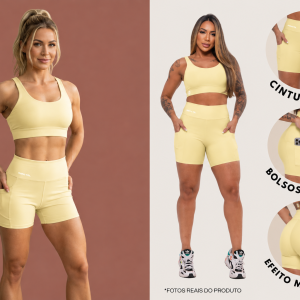 TOP E SHORT AMARELO MANTEIGA TECIDO PREMIUM DOIS BOLSOS