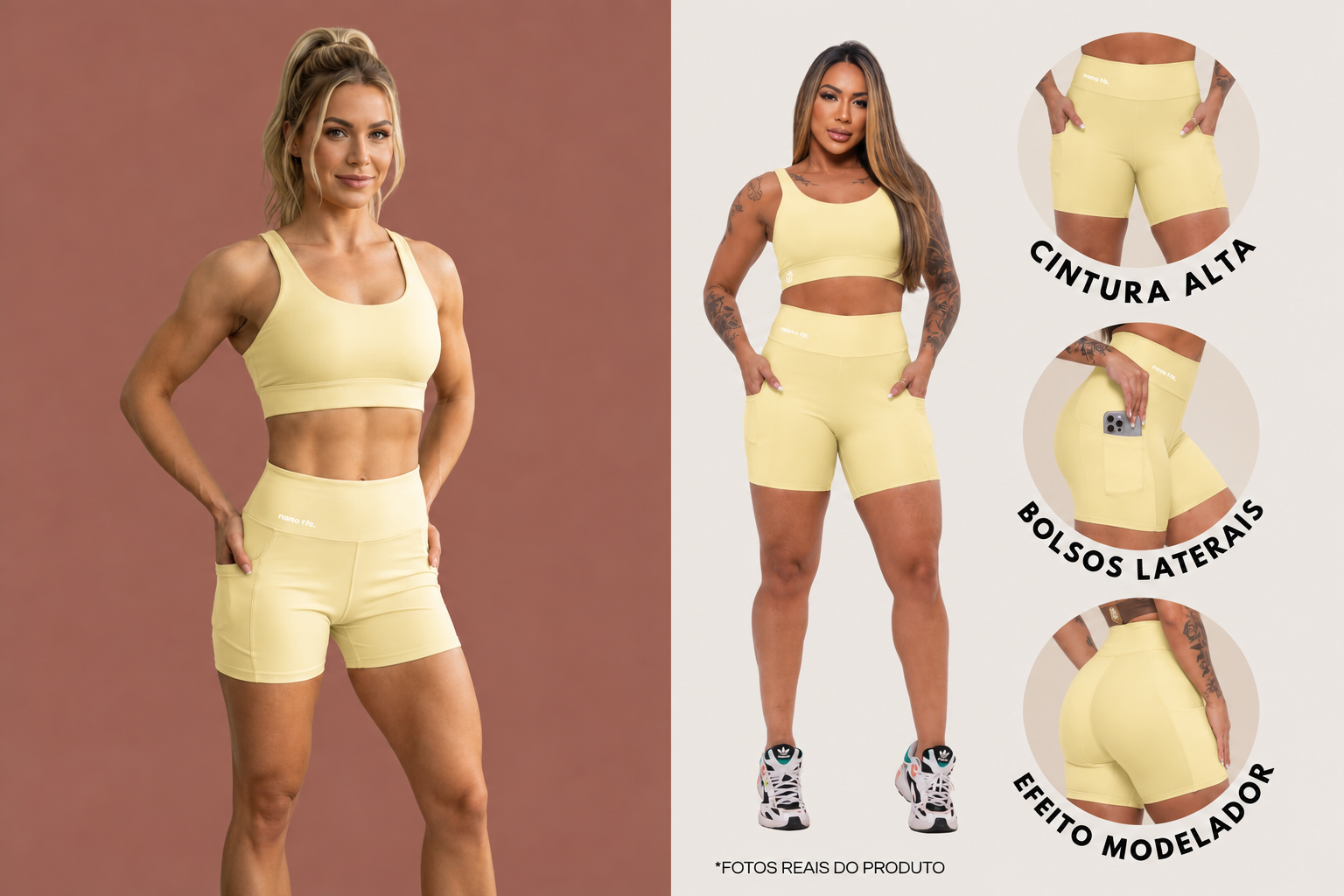 TOP E SHORT AMARELO MANTEIGA TECIDO PREMIUM DOIS BOLSOS
